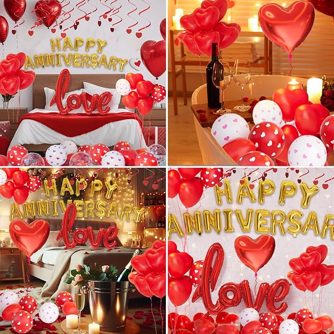 Red Valentines Day Balloons kit,Anniversary Decorations Valentines Day Decorations,Red Valentines Day Balloons with Happy Anniversary Banner Heart Balloon for Sweetest Day Decorations
