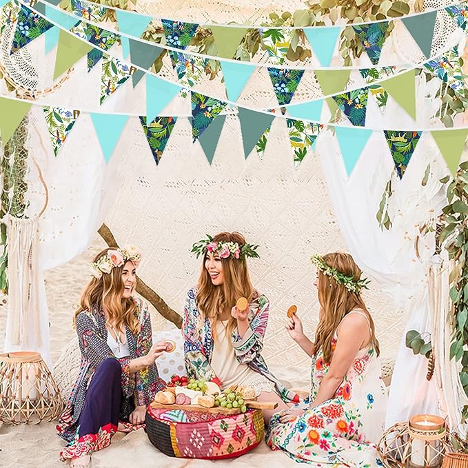 32Ft Teal Blue Green Summer Tropical Leaves Wild Animals Printed Pennant Banner Fabric Triangle Flag Cotton Bunting Garland for Birthday Party Wedding Home Nursery Outdoor Garden Hanging Decoration