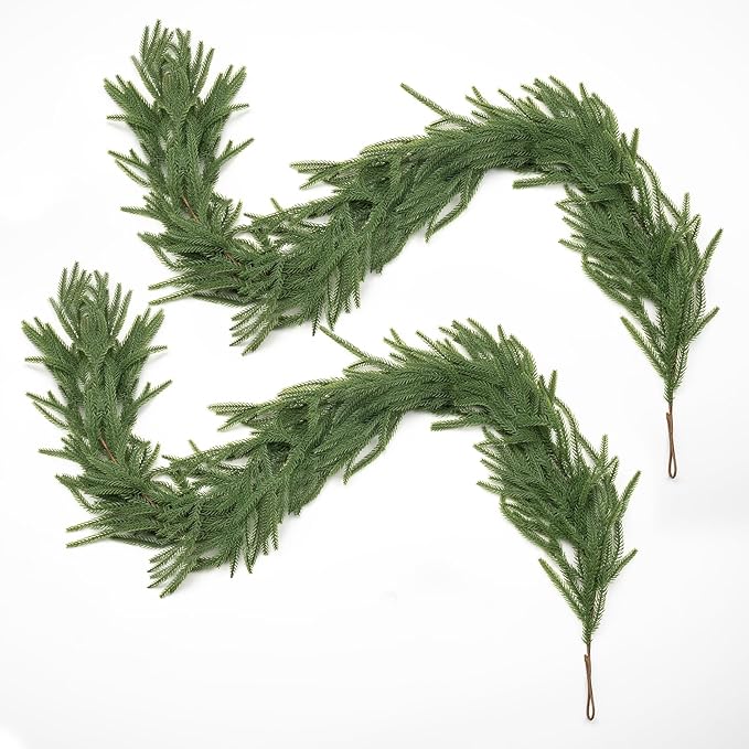 6Ft 2Pcs Artificial Norfolk Pine Garland Realistic Green Faux Greenery Garland for Christmas Table, Fireplace, Mantle, Window, Stairs, Indoor, Outdoor Holiday Decor