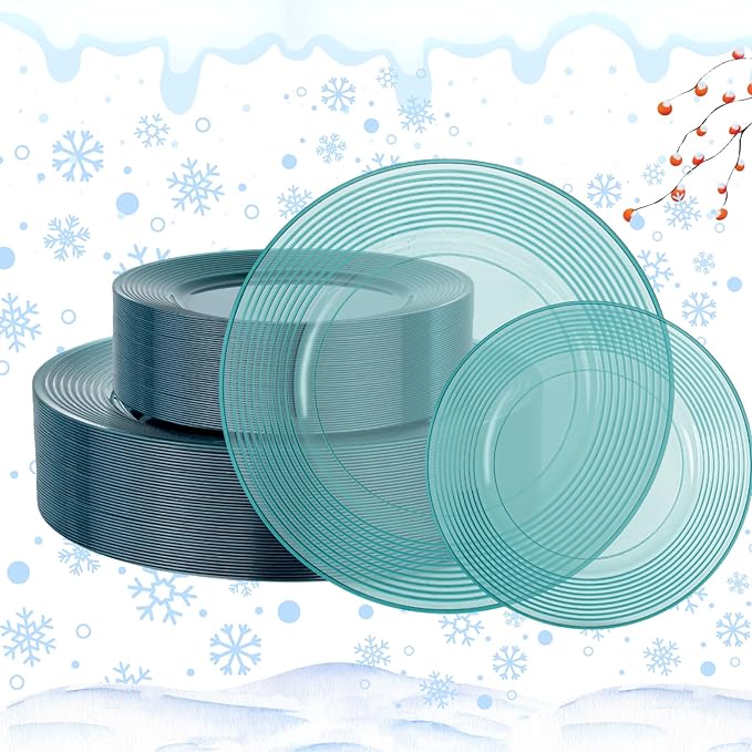FLOWERCAT 100PCS Clear Blue Plastic Plates - Heavy Duty Plastic Plates Disposable -Straw hat plate for Summer party &Wedding - Serve for 50Guests party(10inch & 7inch)(Mediterranean Blue)