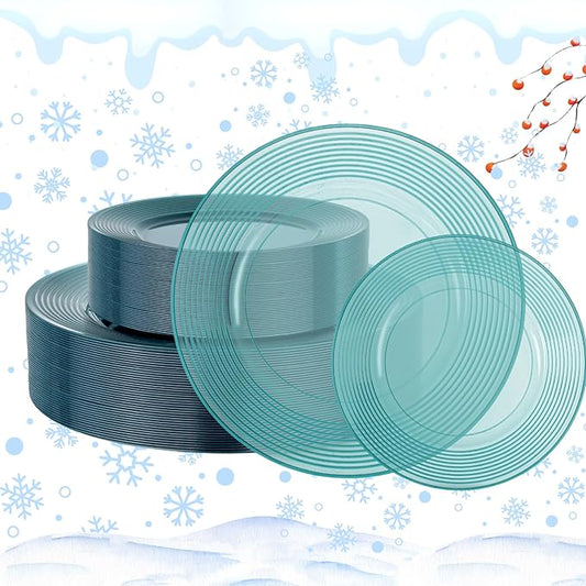 FLOWERCAT 100PCS Clear Blue Plastic Plates - Heavy Duty Plastic Plates Disposable -Straw hat plate for Summer party &Wedding - Serve for 50Guests party(10inch & 7inch)(Mediterranean Blue)