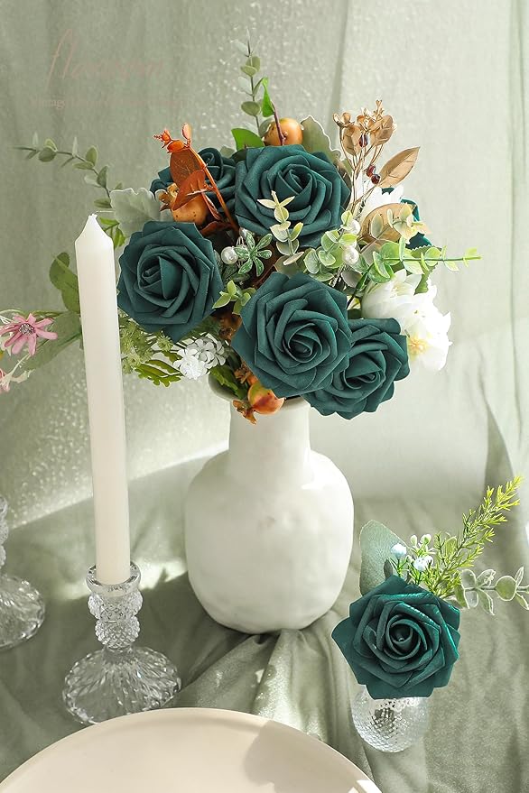 Floroom Artificial Flowers 25pcs Real Looking Peacock Green Foam Fake Roses with Stems for DIY Wedding Bouquets Bridal Shower Centerpieces Floral Arrangements Party Tables Home Decorations