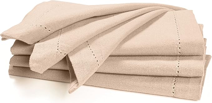 Palisa Cloth Dinner Napkins with Hemstitched Detailing & Mitered Corners Set of 4 (18x18 Inches) Beige - Cotton Reusable Dinner Napkins - Perfect for Weddings & Everyday Use
