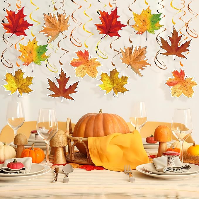 30pcs Fall Leaves Hanging Swirls Maple Leaves Swirls Decorations Thanksgiving Fall Ceiling Hanging Decorations for Autumn Harvest Party Supplies