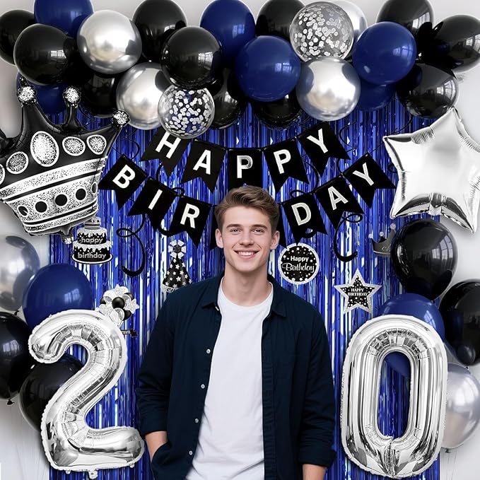 20th Birthday Decorations for Men and Women, Black Blue Silver Happy Birthday Number 20 Balloons, Banner, Fringe Curtains Garland Kit - 20 Year Old Party Supplies