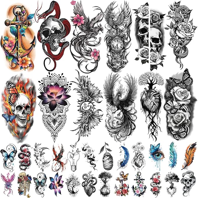 77 Sheets Temporary Tattoo for Women Men, 17 Sheets Half Arm Snake Skull Butterfly Fake Tattoos, 60 Sheets Cat Feater Wings Tiny for Adult Kids Party Body Tattoos Stickers Realistic Long Lasting