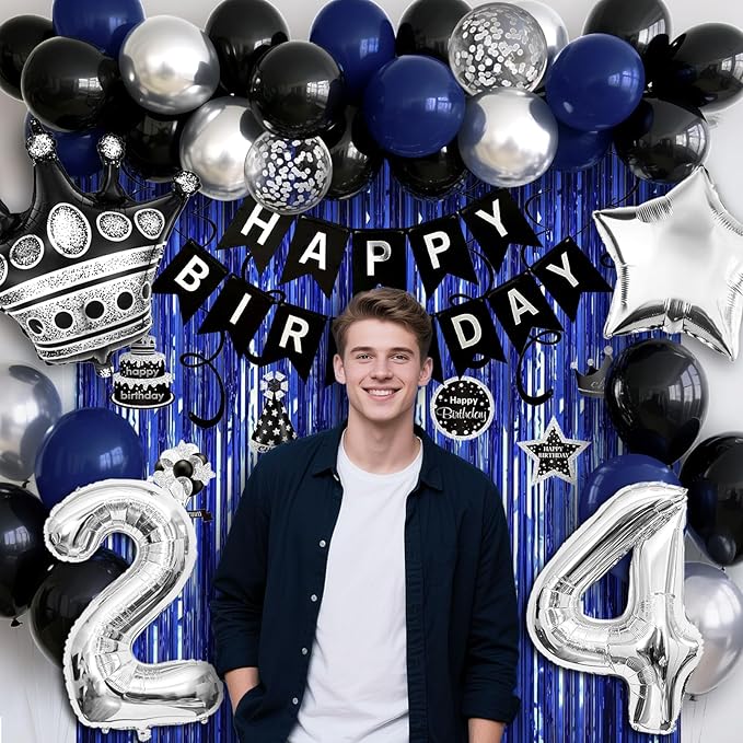 24th Birthday Decorations for Men and Women, Black Blue Silver Happy Birthday Number 24 Balloons, Banner, Fringe Curtains Garland Kit - 24 Year Old Party Supplies