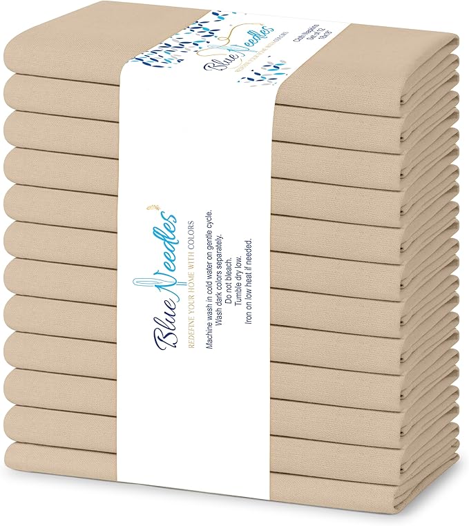 Blue Needles Solid Cloth Napkins Set of 12 Beige 100% Cotton Dinner Napkins 18x18 inches - Soft, Reusable, Absorbent & Washable Fall Thanksgiving Linen, Ideal for Events, Parties & Everyday Use