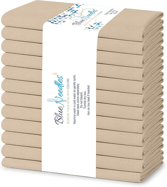 Blue Needles Solid Cloth Napkins Set of 12 Beige 100% Cotton Dinner Napkins 18x18 inches - Soft, Reusable, Absorbent & Washable Fall Thanksgiving Linen, Ideal for Events, Parties & Everyday Use