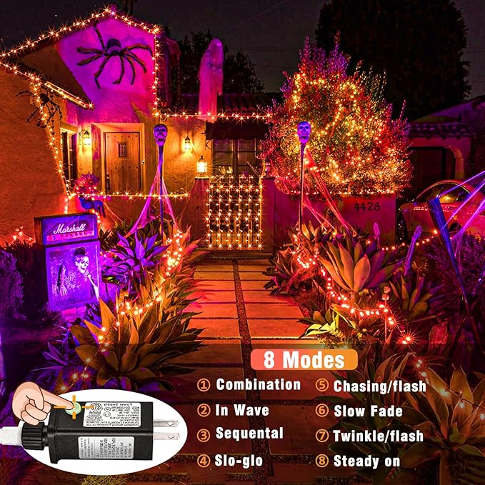 Vivideal 100 LED Orange Christmas Lights Outdoor Waterproof 33ft String Lights Indoor 8 Modes Clear Wire, Plug in Orange String Light for Xmars Tree Bedroom Thanksgiving Decorations