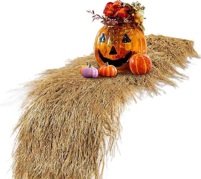 XLX TURF Fake Hay Straw Table Runner for Halloween Nativity Theme Party - Artificial Thatch Table Centerpiece for Jungle Barn Mexican Western Birthday Tabletop Decor, Home DIY Crafts,13x144 Inch