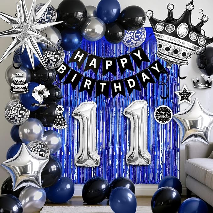 11th Birthday Decorations for Boys and Girls, Black Blue Silver Happy Birthday Number 11 Balloons, Banner, Fringe Curtains Garland Kit - 11 Year Old Party Supplies