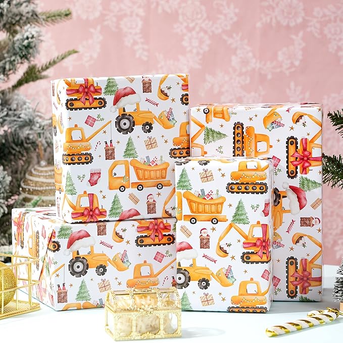 PlandRichW Construction Christmas Wrapping Paper - Cute santa with Hat Trucks, Cranes, Excavators & Xmas Trees - 40×28 Inch Xmas Gift Wrap, 4 Folded Sheets for Kids & Adults