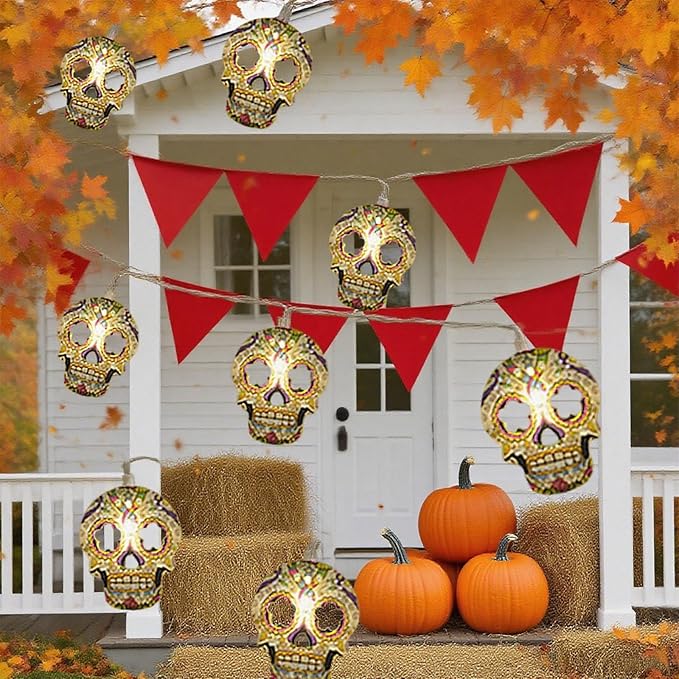 Halloween String Lights,15FT 30 LED Fairy Decor Lights USB & Battery Operated (Not Included) Cute Skull String Lights 2 Modes Waterproof Fall Light Decoration for 2025 Indoor Outdoor Home Party Garden