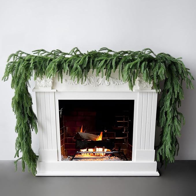 Artificial 9Ft Norfolk Pine Garlands, Christmas Winter Pine Garland, Real Touch Faux Green Greenery Garland for Table, Fireplace, Stairs, Mantle, Window, Indoor, Outdoor Christmas Decorations