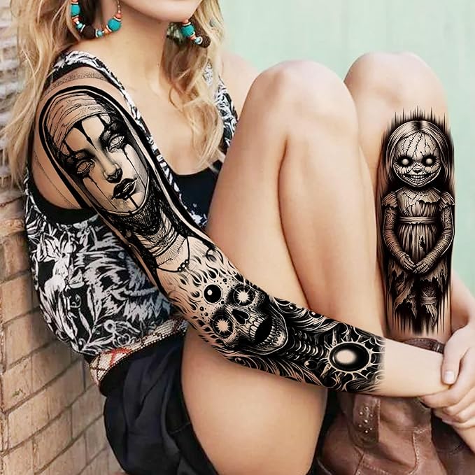 20 Sheets Black Gothic Full Arm Temporary Tattoos For Men Adults Thigh, Nun Girl Skull Skeleton Zeus God Jesus Christ Fake Sleeve Tattoos For Women, Scary Halloween Tattoo Stickers Demon Vampire