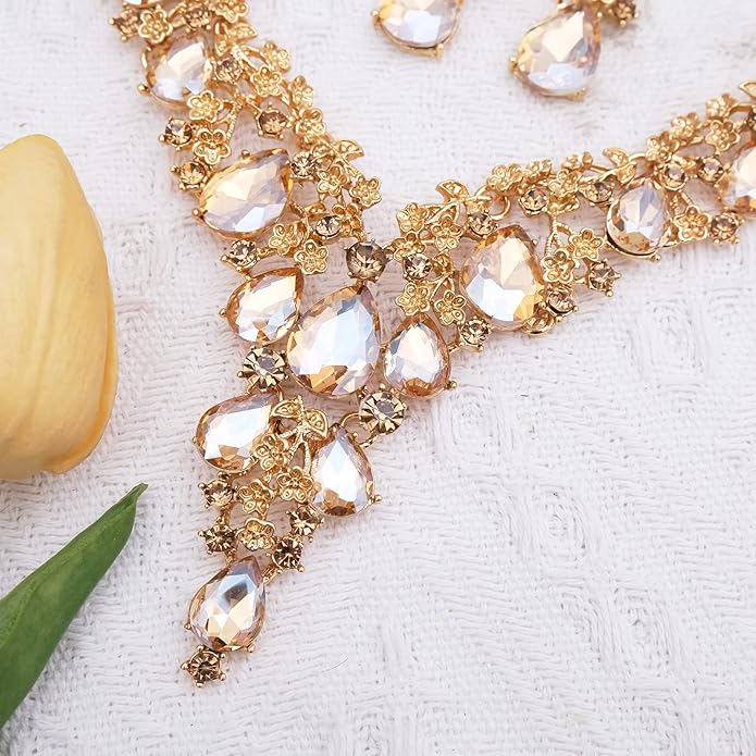 CSY Elegant Crystal Costume Jewelry Sets Flower Bridal Necklace Earrings Stretch Bangle Set for Bride Bridesmaid Wedding Dress Accessories