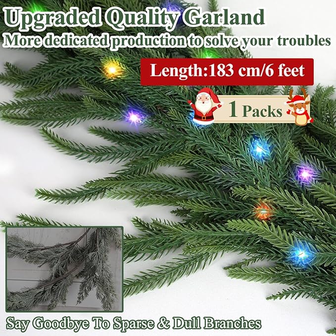 6FT Pre-lit Christmas Garland, Real Touch Lighted Norfolk Pine Garlands Battery Operated for Christmas Decorations with 35 LED RGB/WW String Lights, 8 Lighting Modes & Timer, 1 Pack