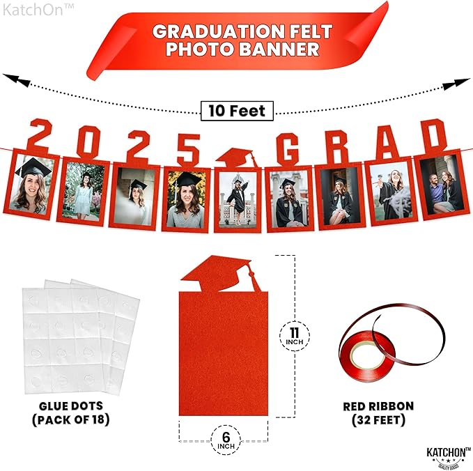 KatchOn, Red Graduation Photo Banner 2025 - Large, 10 Feet, 2025 Grad Banner | Graduation Banner Class of 2025 Personalized | Felt Graduation Picture Banner for Graduation Decorations 2025