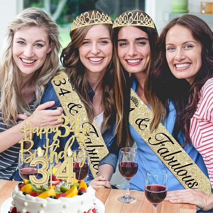 34th Birthday Decorations for Women Gold with 34th Birthday Sash and Crown, Cake Topper and Candles, Number Balloons, 34 Year Old Gifts for Women