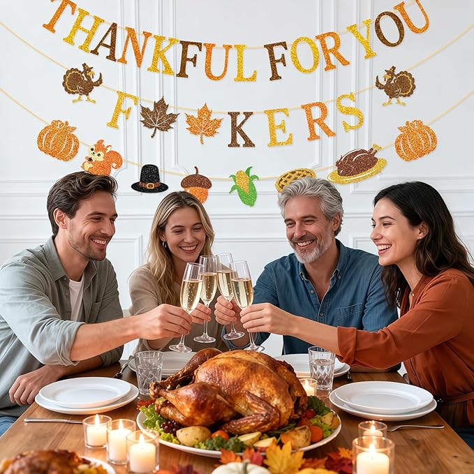Thankful for You Banner Glitter Friendsgiving Party Decorations Happy Thanksgiving Day Indoor Decor for Home Office Mantle Fall Pre Assembled Hanging Garland Sign Turkey Pumpkin Plastic