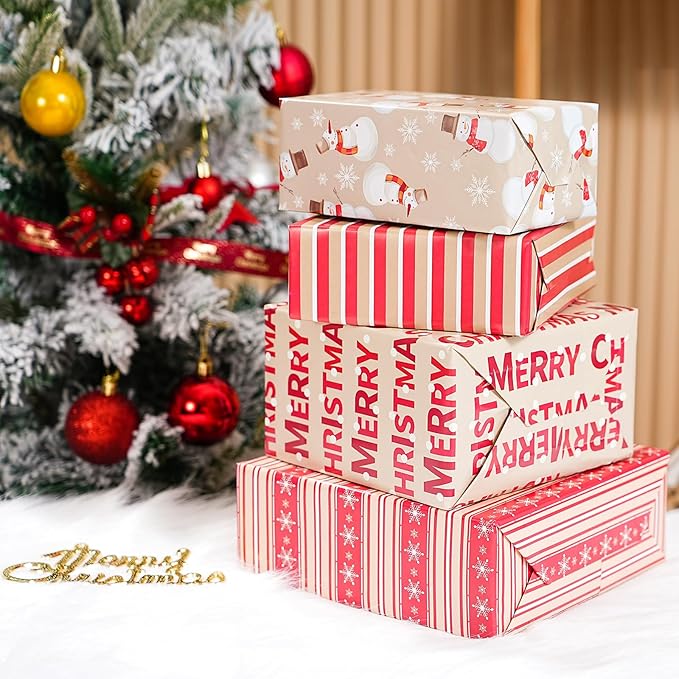PlandRichW Christmas Wrapping Paper 12 Sheets Folded 20 x 29 Inches for Kids Adults, 4 Gift Wrap Designs Including Merry Christmas, Snowflakes, Snowmen, Red Stripes