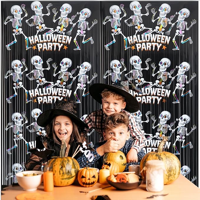 GOER Foil Curtain Backdrop for Halloween Party Decorations| Metallic Tinsel Halloween Theme Photo Booth Props (2 Pcs)