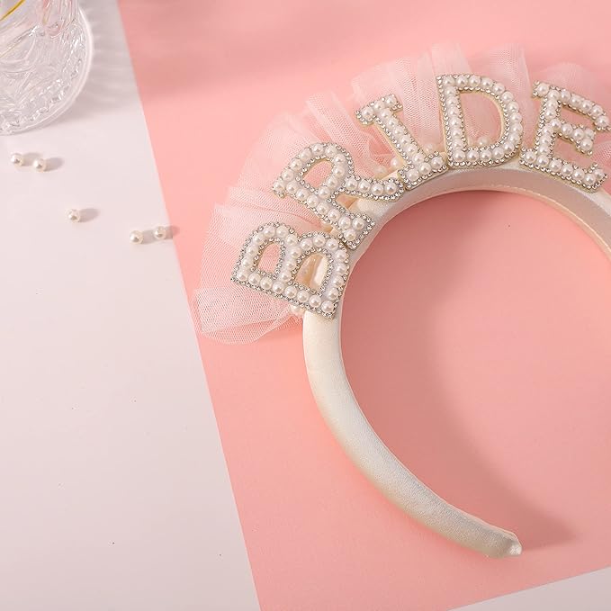 Pearl Veil Bride Headband, White Satin Hairband with 'BRIDE' Decorated by Pearl and Rhinestone, Bridal Hairband for Bachelorette Party Decorations, Women's Hair Accessory