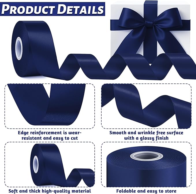 Fullive 1 1/2 Inch Navy Blue Ribbon, 30 Yards Navy Blue Ribbons for Crafts, Polyester Ribbon for Gift Wrapping for Birthday Graduate Christmas Decorations DIY Bows Wrapping Bouquet Floral Arrangements