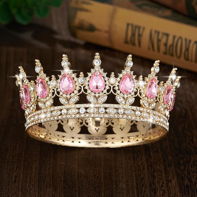 Queen Crown Rhinestone Wedding Crowns and Tiaras for Women Costume Party Hair Accessories Princess Birthday Crown Crystal Bridal Crown (Gold & Pink Crown)