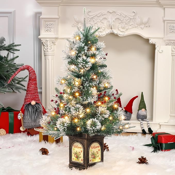 3 ft Prelit Premium Snow Flocked Artificial Christmas Tree with 8 Mode Warm White Led, Mini Prelit Xmas Pine Tree for Christmas Decoration,Yard,Home,Office,Outdoor,Indoor