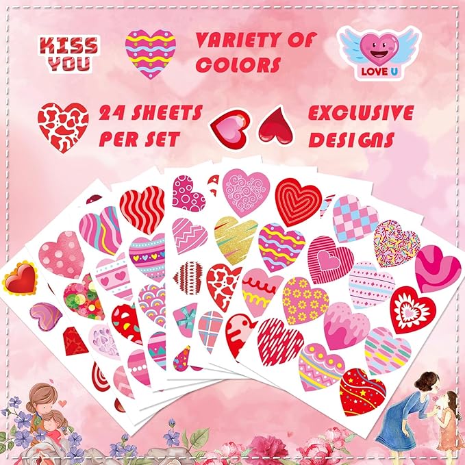 336 PCS Heart Stickers, Valentine Stickers for Kids Colorful Heart Stickers Valentine's Day Gift Stickers for Box Envelope Wedding Love Decorative Stickers Valentine's Day Craft Party Supplies