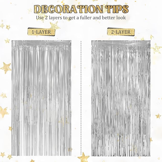 LOLStar 10 Pack Silver Party Decorations 3.3x6.6 ft Silver Foil Fringe Curtains Tinsel Backdrop Photo Booth Prop Streamer for Engagement Wedding, Birthday, Bridal Shower Disco Bachelorette Party Decor