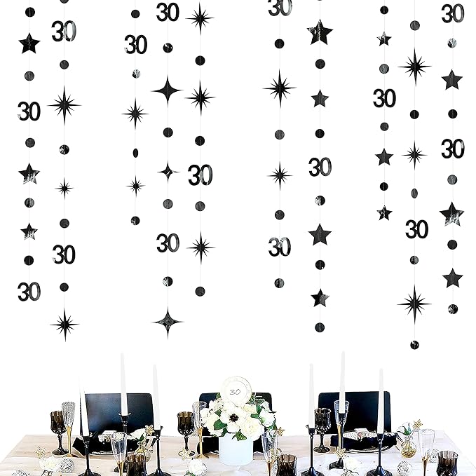Black 30th Birthday Decorations Number 30 Circle Dot Twinkle Star Garland Metallic Hanging Streamer Bunting Banner Backdrop for Mens Womens Happy Dirty 30 Year Old Thirty Anniversary Party Supplies