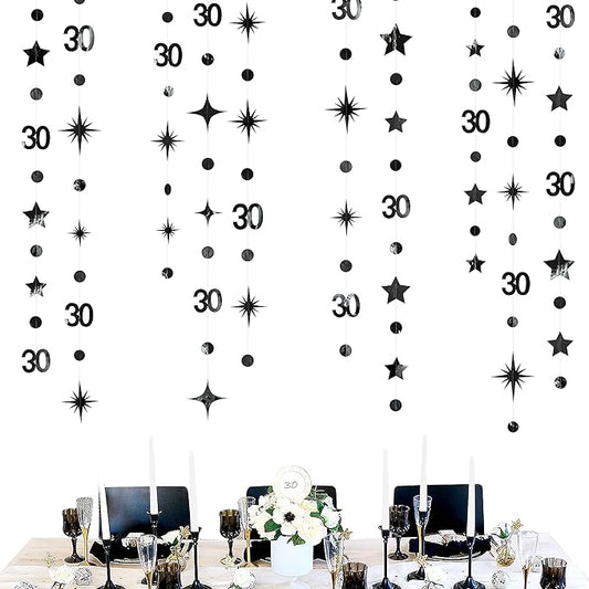 Black 30th Birthday Decorations Number 30 Circle Dot Twinkle Star Garland Metallic Hanging Streamer Bunting Banner Backdrop for Mens Womens Happy Dirty 30 Year Old Thirty Anniversary Party Supplies