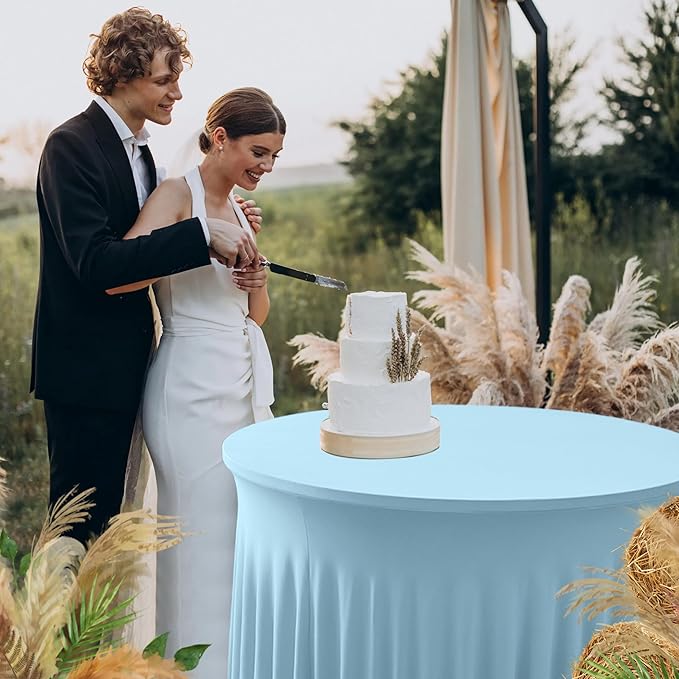 60 Inch Spandex Round Table Skirts ,Fitted Stretch Tablecloths for Round 5 ft Table, Wrinkle-Free Ruffle Design Tablecloths for Baby Shower, Banquets,Trade Shows, Parties, Events, Baby Blue,6 Pcs