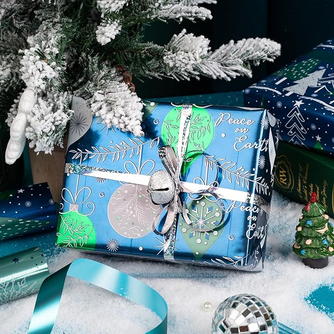 MAYPLUSS Christmas Wrapping Paper Roll - Mini Roll - 17 inch X 120 inch Per roll - Blue & Green Holiday Ornaments, Holiday Tree, Snowflakes with Glitter Metallic Foil Design(42.3 sq.ft.ttl)