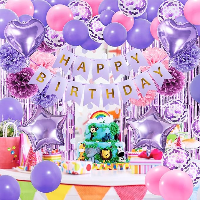 ZERODECO Pink Purple Birthday Party Decorations for Women Girls, Happy Birthday Banner Pompoms Balloon Arch Fringe Curtain Party Décor for Baby Girls Women Purple Pink Party