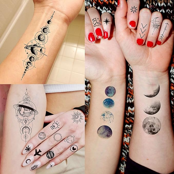 COKTAK 28 Sheets Outer Space Temporary Tattoos For Kids Women Men, 3D Fake Realistic Star Sun Moon Tattoo Stickers Boys Girls, Long Lasting Geometric Planets Universe Tattoos Neck Small Solar System