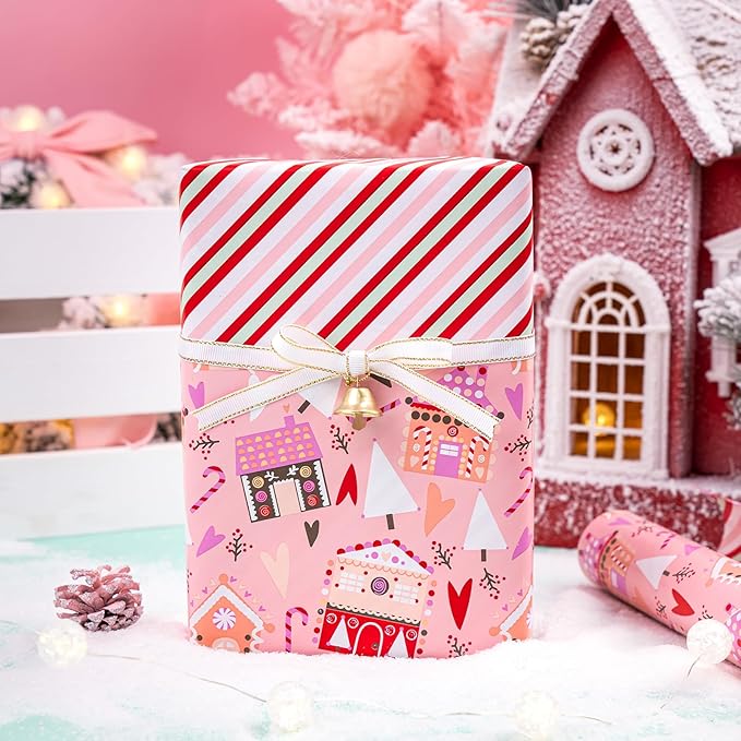 WRAPAHOLIC Reversible Christmas Wrapping Paper - Mini Roll - 17 Inch x 33 Feet - House with Christmas Tree and Candy Cane Wrapping Paper for Holiday, Party Celebration