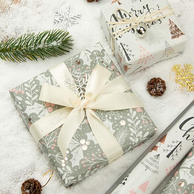 WRAPAHOLIC 30 Inch Christmas Wrapping Paper Roll - Jumbo Roll Rose Gold and Pink Holiday Design with Metallic Foil Shine - 4 Rolls - 30 Inch x 120 Inch Per Roll