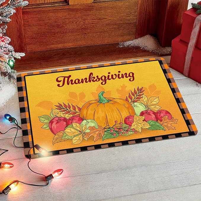 InterestPrint Happy-Thanksgiving Welcome Harvest Pumpkin Door Mat Front Door Outdoor Doormat Outside Entrance Porch Non Slip Rubber Rug Autumn Thanksgiving Farmhouse Decor, 30"x18"inch