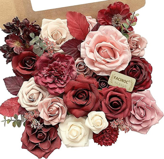 Rose Artificial Flowers Burgundy Fake Flower Bulk for DIY Wedding Bouquets Bridal Baby Shower Centerpiece Table Decorations Silk Faux Floral Arrangements for Party Home Decor Indoor Red Mauve