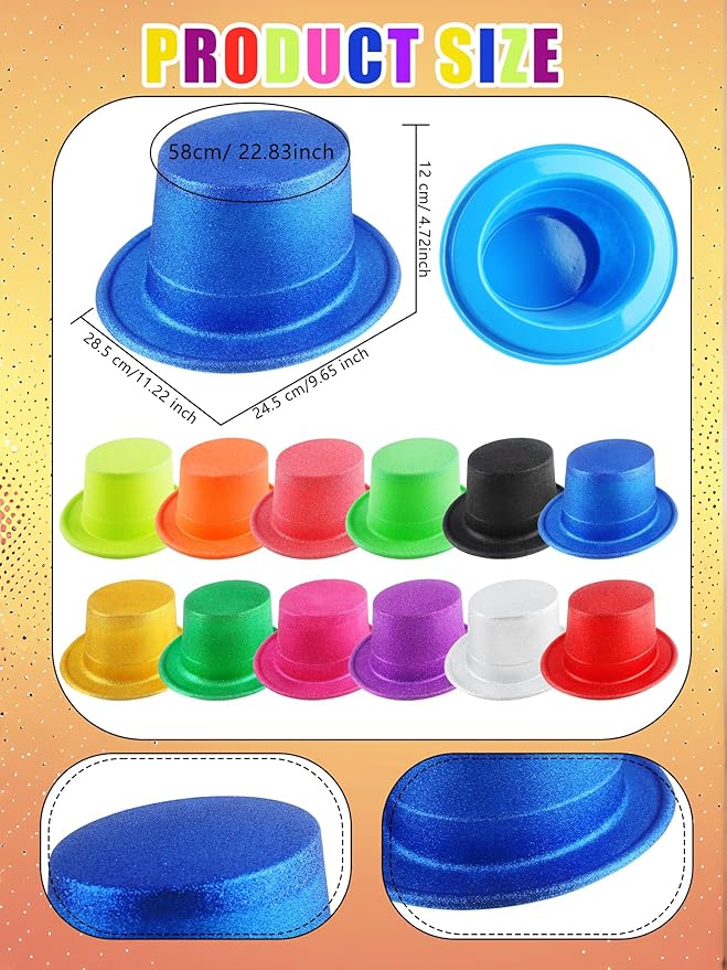24 Pack Neon Top Hats Glitter Plastic Top Hat Colorful Magician Hat Bright Party Hats for Adult Kids Photo Booth Props Birthday New Years Party Supplies, 12 Colors