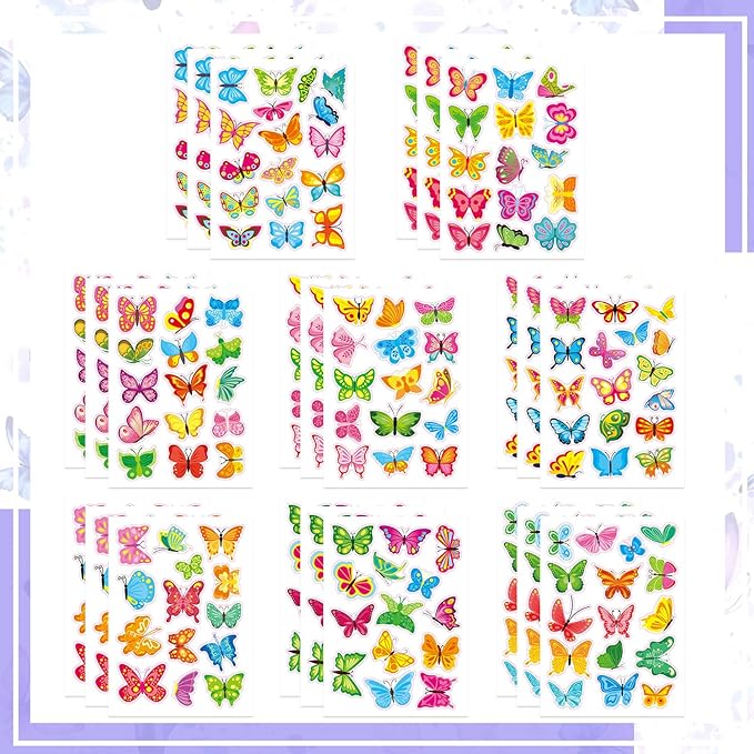 24 Sheets Butterfly Stickers for Kids, 370+ Pcs Spring Butterfly Decorative Stickers Bulk Preschool Sticker Sheets for Reward Craft Scrapbooking Water Bottles Gifts Bags Cards Party Favors Supplies