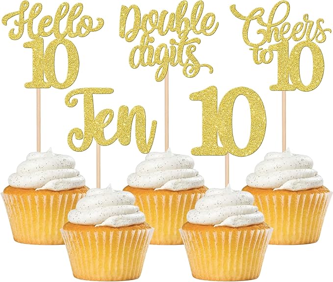 30PCS Happy 10th Birthday Cupcake Toppers Glitter Ten Double Digits Hello 10 Cupcake Picks Cheers to 10 Birthday Decorations for 10th Birthday Anniversary Party Cake Decorations Supplier Gold