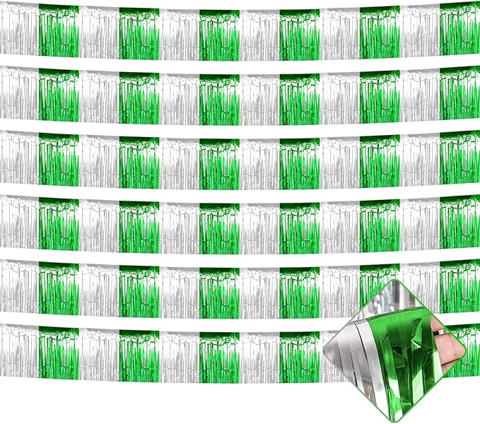 6 Pack 10 Feet Foil Fringe Garland Metallic Tinsel Streamers Banner Wall Hanging Backdrop for Parade Floats, Valentine's Day, Wedding, Birthday, St Patrick Day Party Decorations(Silver Green)