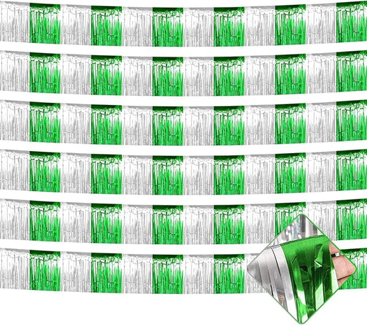 6 Pack 10 Feet Foil Fringe Garland Metallic Tinsel Streamers Banner Wall Hanging Backdrop for Parade Floats, Valentine's Day, Wedding, Birthday, St Patrick Day Party Decorations(Silver Green)