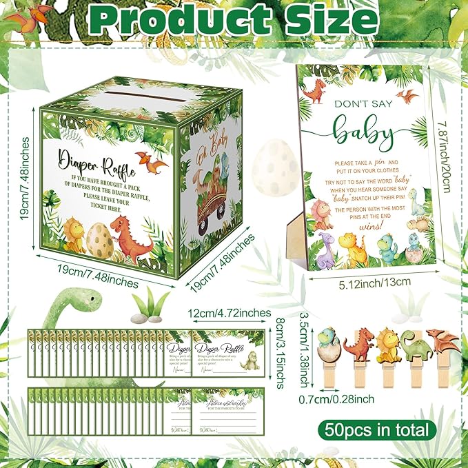 102 Pcs Baby Shower Game Supplies Diaper Raffle Tickets with Diaper Raffle Card Box Don't Say Baby Sign Mini Clothespin Baby Shower Game Decor for Baby Shower Gender Reveal(Dinosaur)