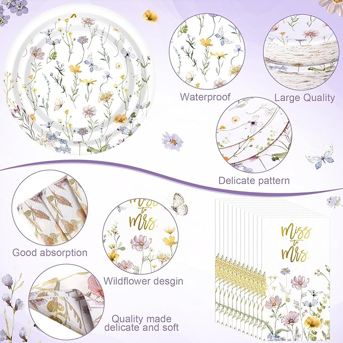 250 Pcs Miss to Mrs Wildflower Party Decorations Floral Wedding Paper Plates Napkins and Cups Disposable Tableware Set for Wedding Bridal Shower Engagement Party Supplies, Serves 50